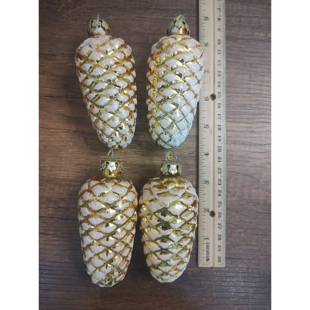 Glass Glitter Snow Covered Gold White Pink Pinecones Ornaments 3